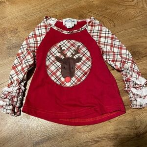 Marie Nicole Red and White Plaid Reindeer Long Sleeve Tee
